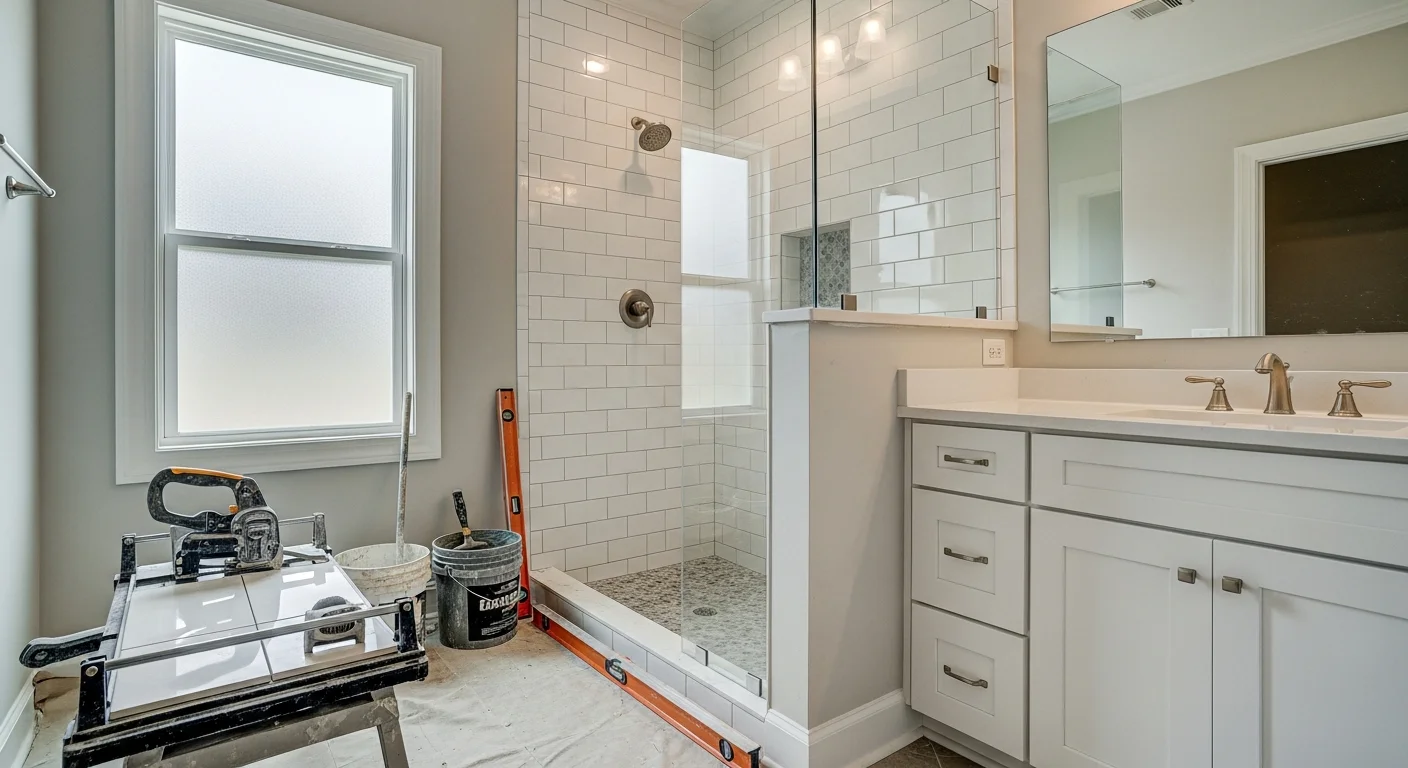 Renovated bathroom with new tile and modern fixtures