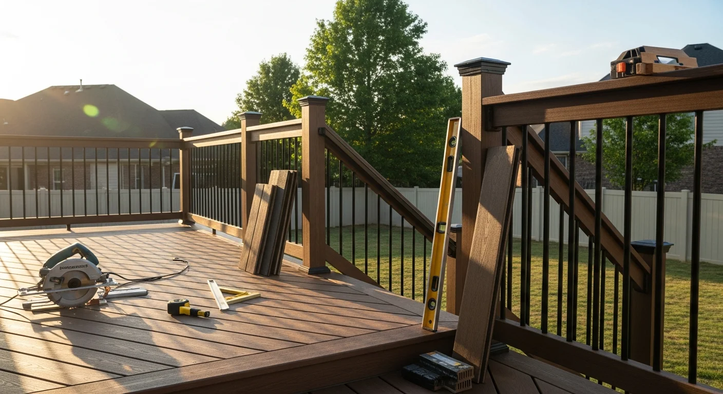 Custom wooden deck with railings and stairs