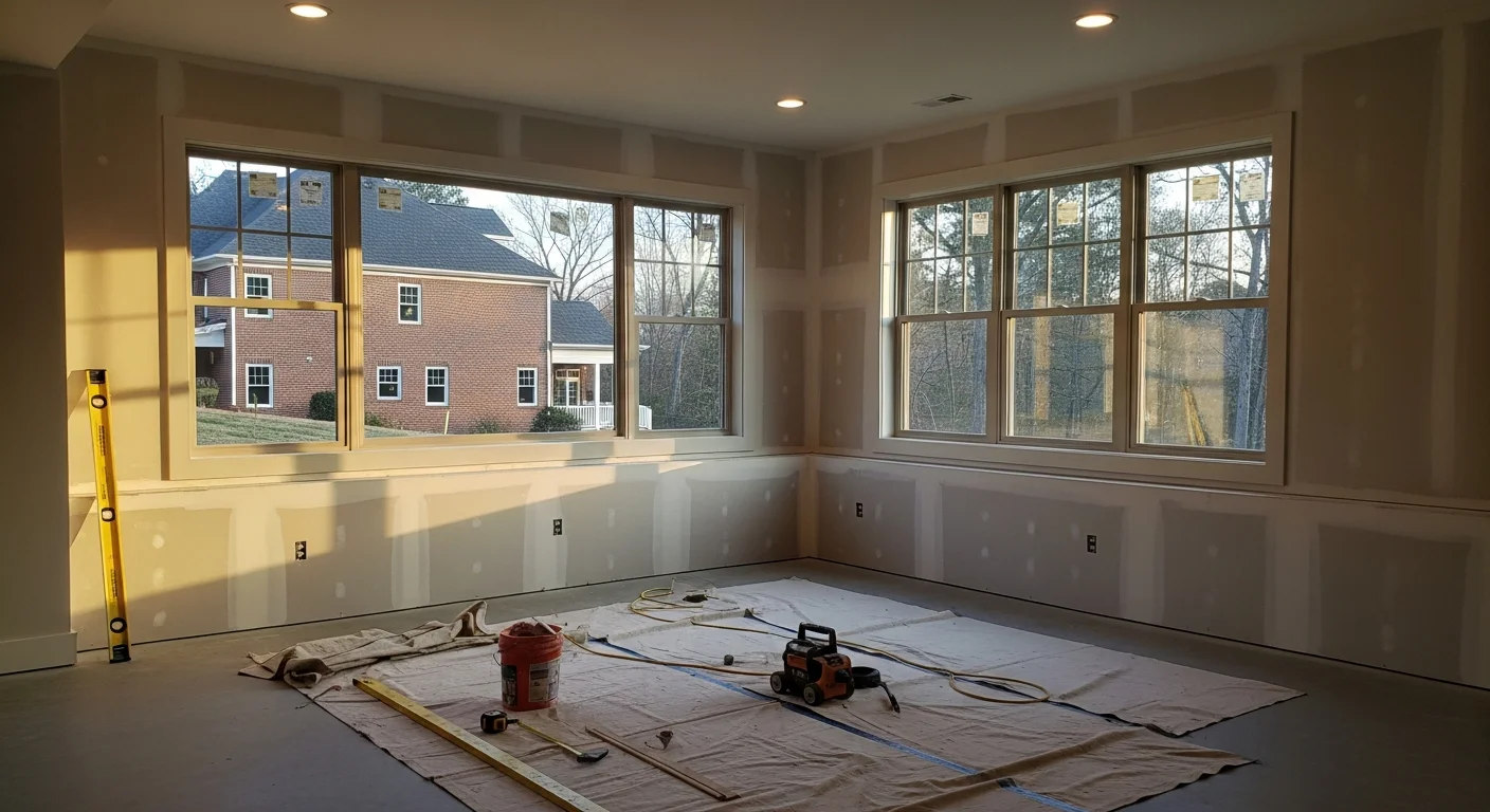 Finished basement with drywall and flooring