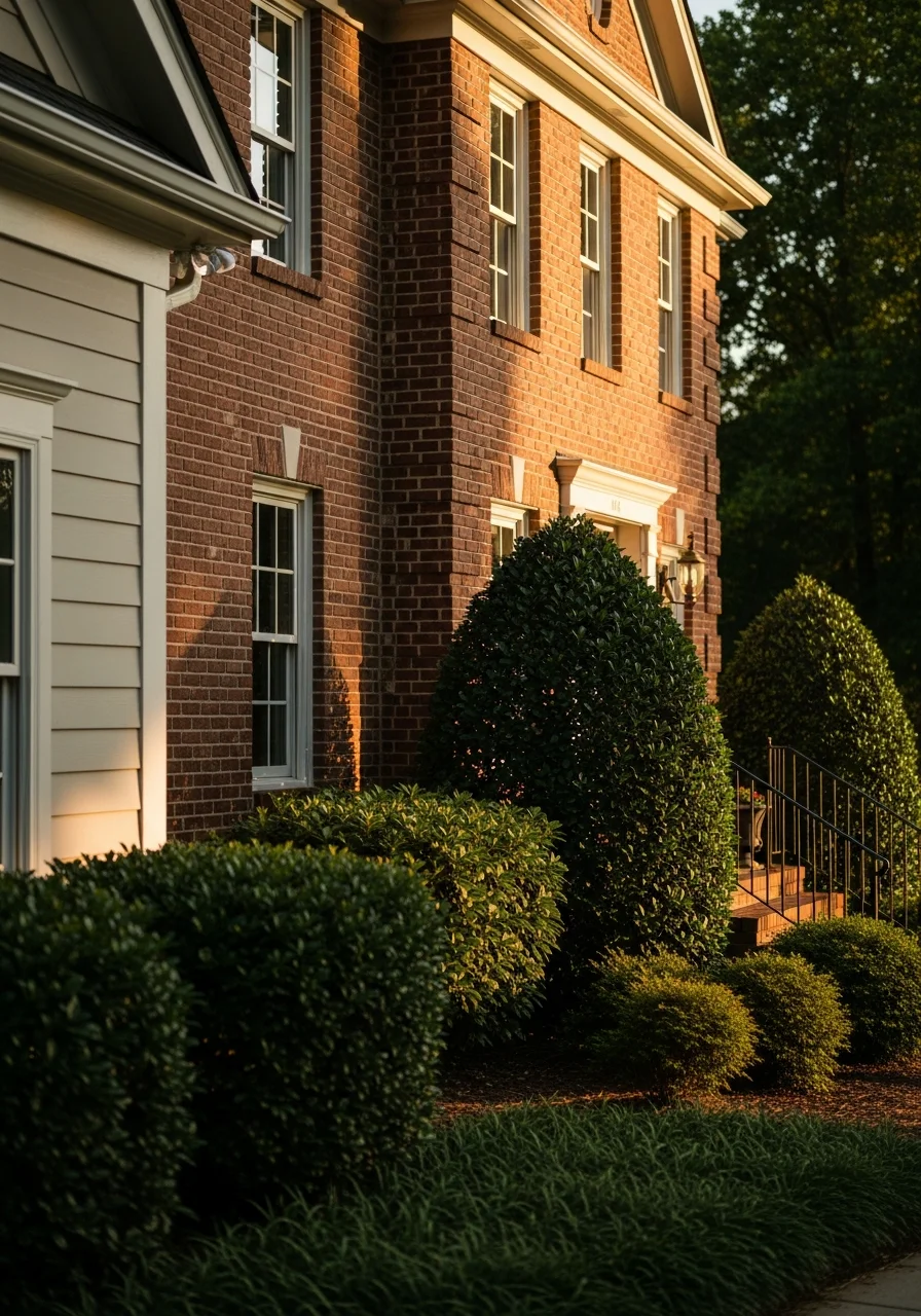 Close-up of a well-maintained Charlotte home's exterior with mature landscaping and brick detailing.