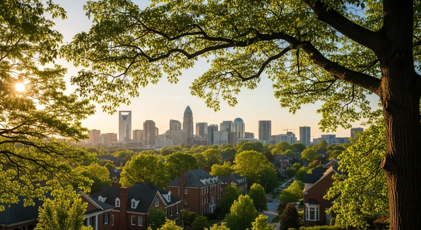 Wide view of Charlotte's skyline with tree-lined residential streets in the foreground under clear skies.