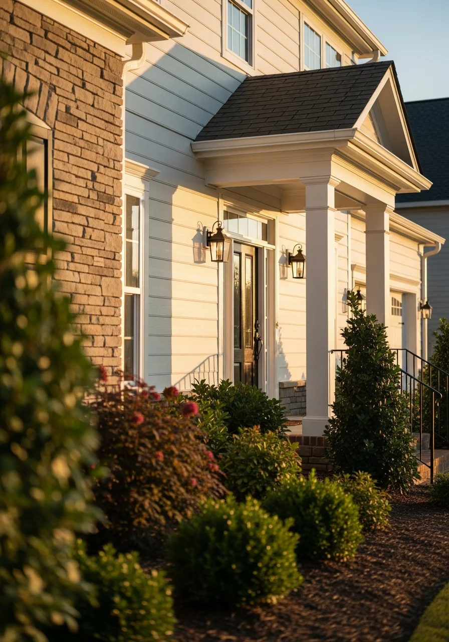 Portrait image of a Fort Mill home's entrance with manicured landscaping and updated exterior finishes.