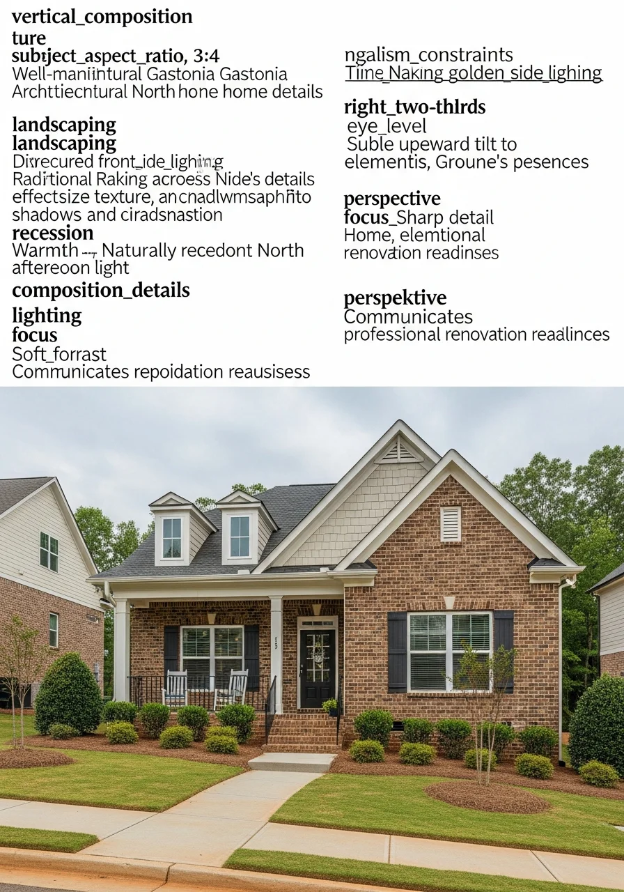Close-up of a Gastonia home's front facade with traditional architecture and well-maintained grounds.