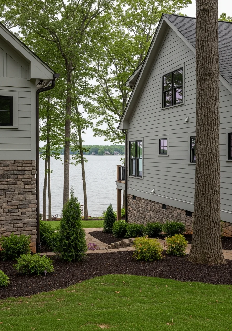 Portrait-style image of a Tega Cay lakefront property with updated exterior and manicured grounds.