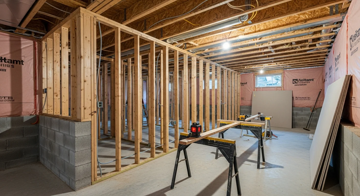 Newly finished basement in a Charlotte home featuring framed walls, recessed lighting, and luxury vinyl plank flooring ready for use as a living area. The space shows clean drywall, painted trim, and an open layout typical of Day & Co Homes basement finishing projects in the Charlotte area.