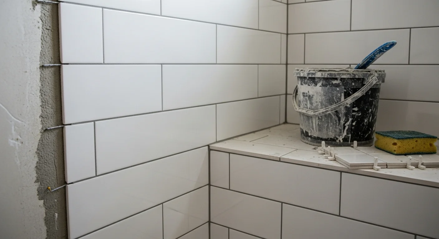 Freshly installed bathroom floor and shower wall tile in a Charlotte home, showing level grout lines and a clean tub surround. The finished bathroom reflects a full tile replacement completed by Day & Co Homes.