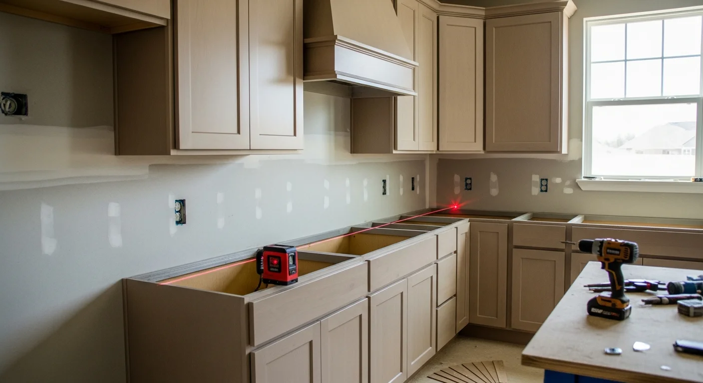 Newly installed wood-tone kitchen cabinets with clean seams and fitted doors in a Charlotte home kitchen remodel. Upper and lower cabinet runs are level and fully mounted, with open space ready for countertop installation.