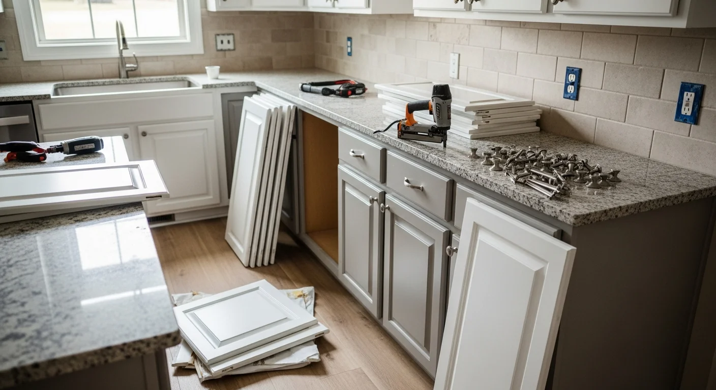 Refaced kitchen cabinets in a Charlotte home showing new door fronts, updated hardware, and fresh frame surfaces. The kitchen retains its original layout with a visibly modernized finish throughout.