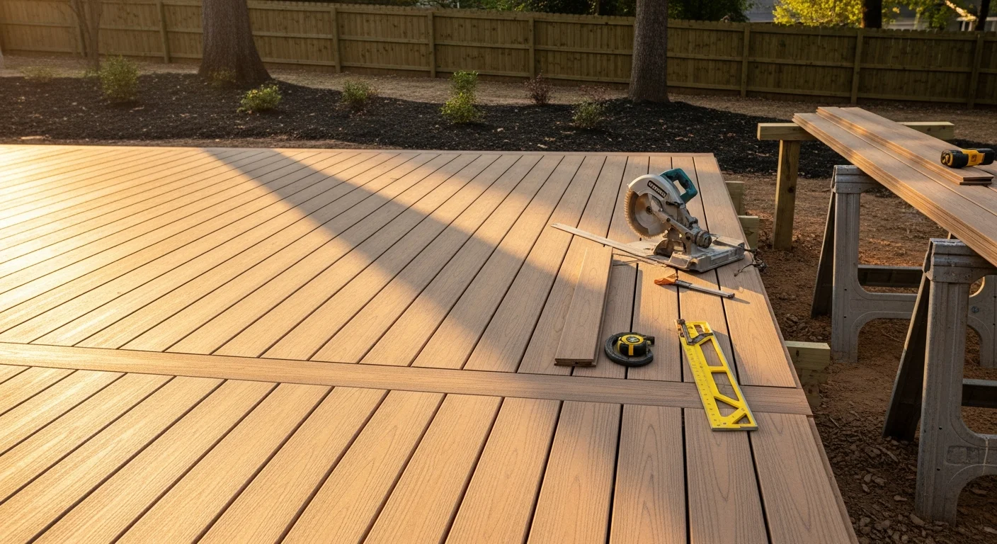 A newly installed composite deck on the back of a Charlotte, NC home, featuring hidden fasteners, clean board lines, and a railing system overlooking a residential backyard. The deck structure shows level framing and a multi-board layout suited to the home's footprint.