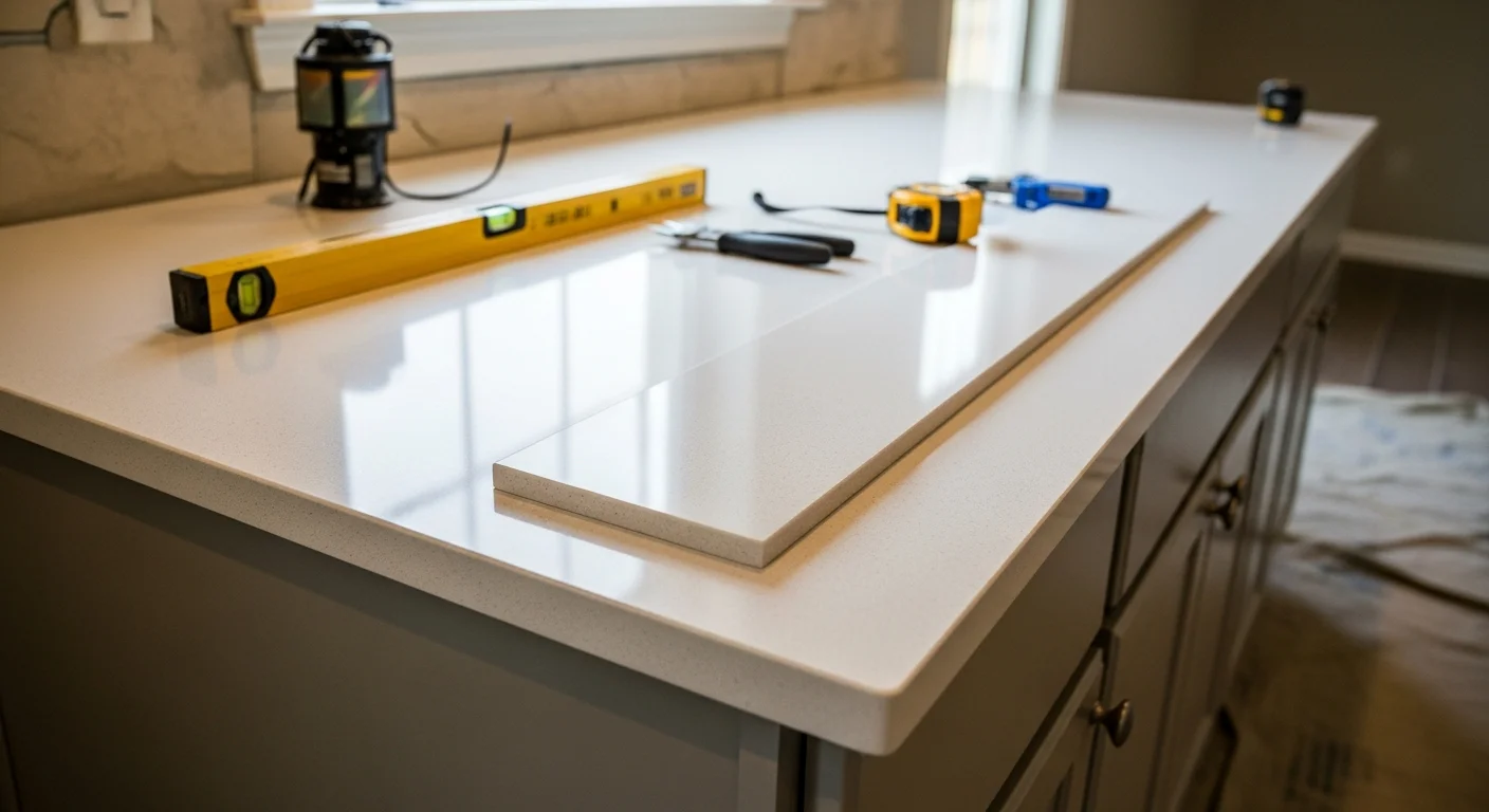 Newly installed stone countertop on white shaker cabinets in a Charlotte kitchen, showing a clean seam line, undermount sink cutout, and finished edge profile. The open-concept layout reflects a typical Charlotte home renovation by Day & Co Homes.