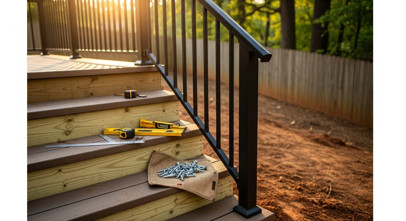 Newly installed wood deck stairs on a Charlotte home backyard deck, showing even treads, consistent riser height, and a continuous handrail running the full length of the staircase. The stair stringer connects to the deck frame above and lands on a level concrete pad at grade.