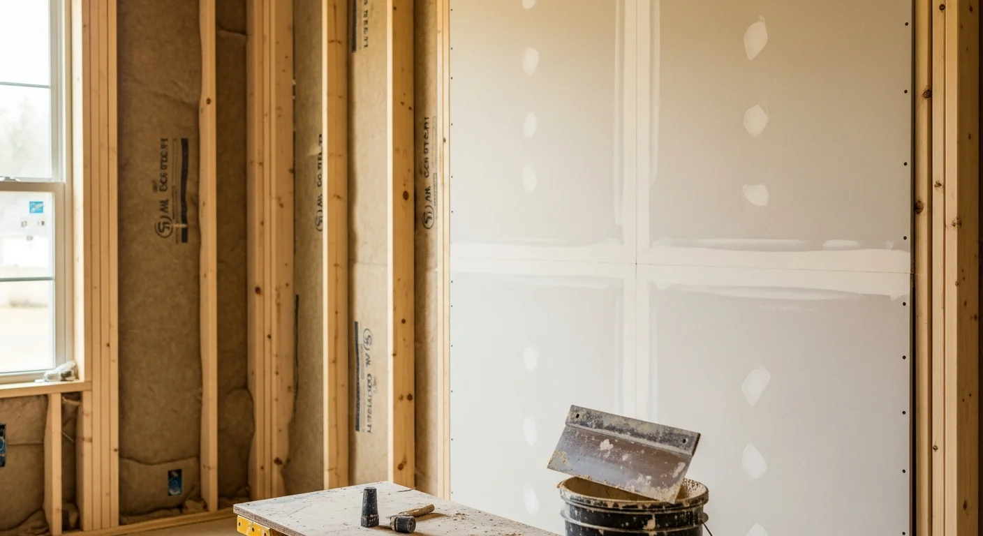 Freshly installed and finished drywall in a home addition in Charlotte, showing smooth, paint-ready walls and ceiling in a newly framed room. A contractor applies joint compound to seams as part of a residential addition project.