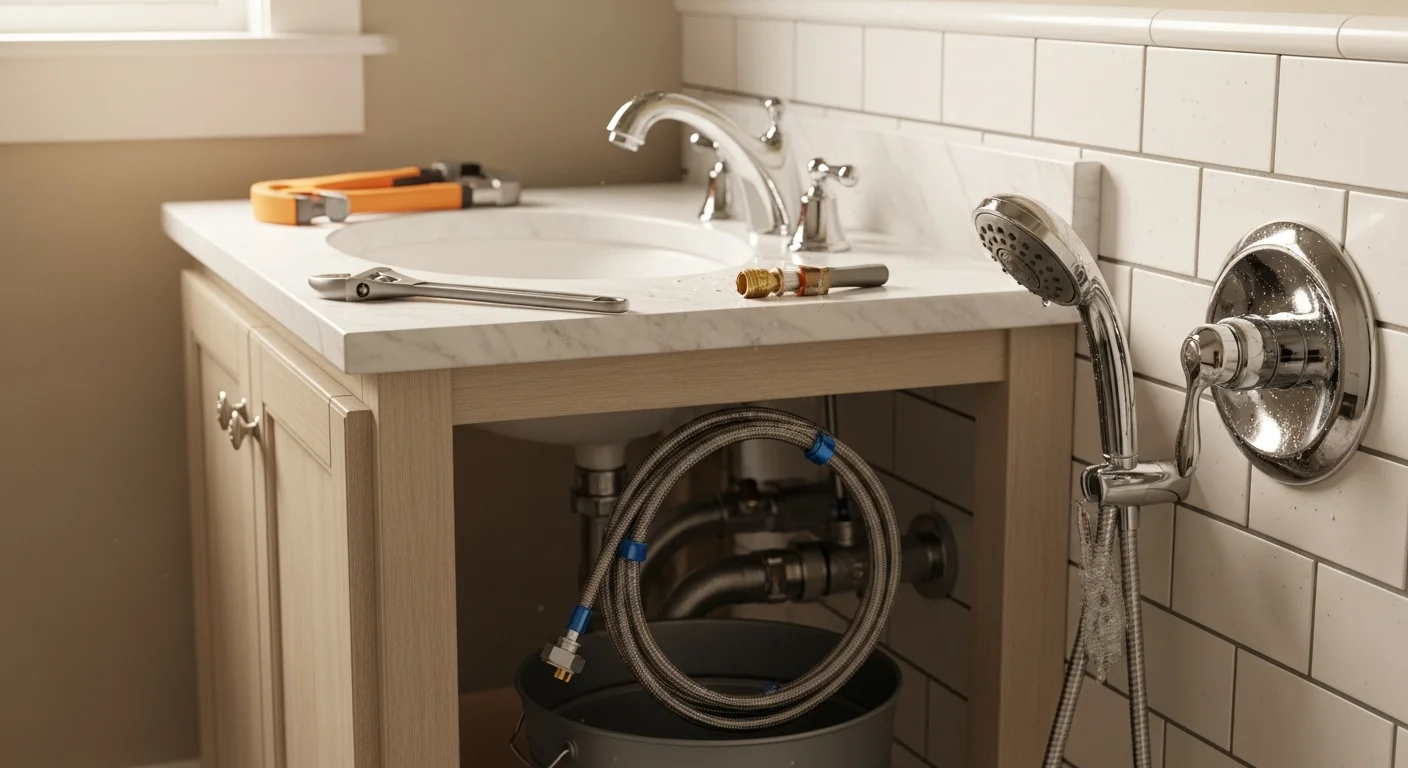 A freshly replaced bathroom faucet and sink fixture installed in a Charlotte home bathroom, showing clean chrome hardware against a white porcelain sink. The surrounding vanity area is clear and well-lit, reflecting a completed fixture replacement by Day & Co Homes.