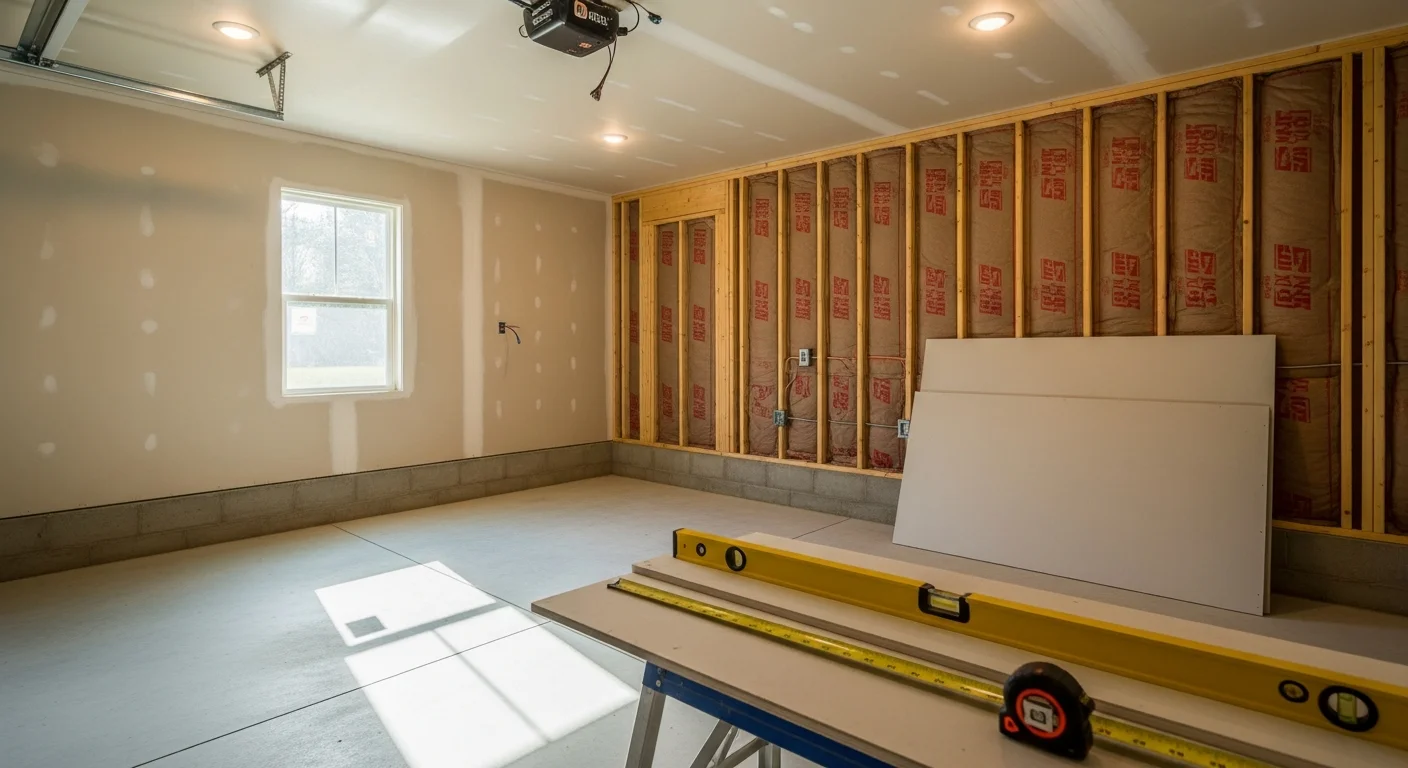 A finished garage interior in a Charlotte home showing smooth drywall, recessed lighting, and durable flooring converted into a clean home office space. The room connects directly to the main house and shows no visible signs of its original garage use.