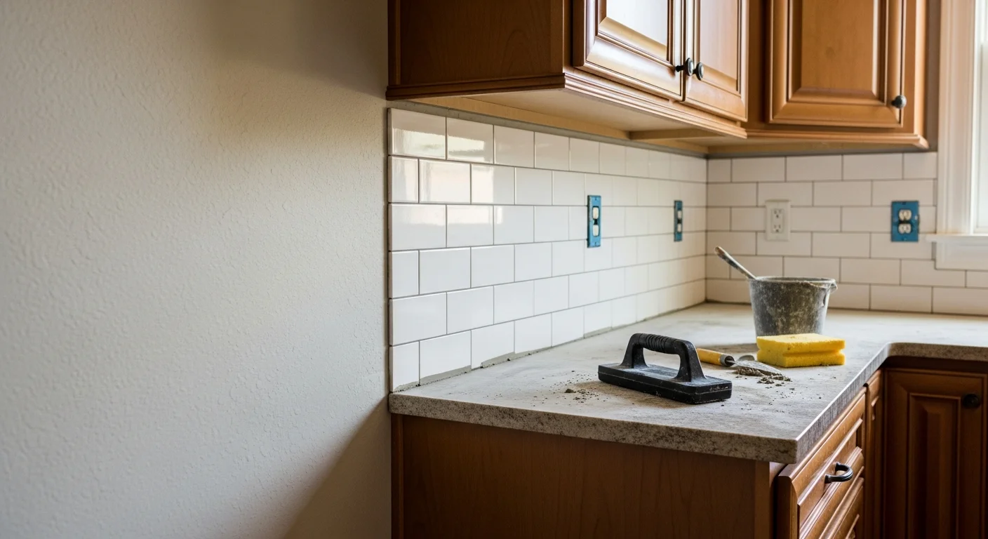 Freshly installed kitchen tile backsplash in a Charlotte home, showing clean grout lines and a smooth tile surface behind the stove and countertop. The backsplash runs the full width of the wall between the upper cabinets and countertop, with even spacing and a consistent pattern throughout.