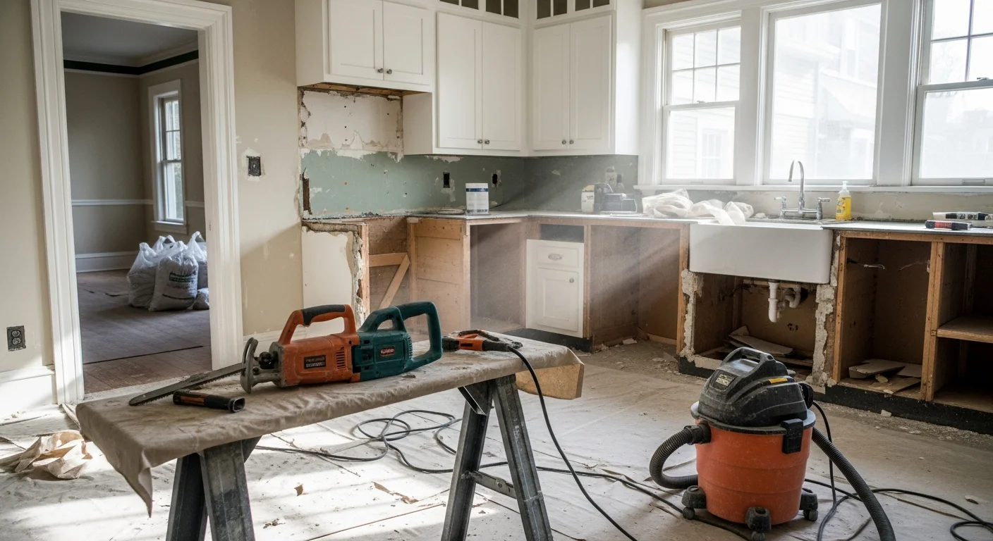 A finished kitchen remodel in a Charlotte home featuring updated cabinetry, a large center island, and open layout connecting to the living area. Natural light fills the space through wide windows, with clean countertops and organized storage throughout.