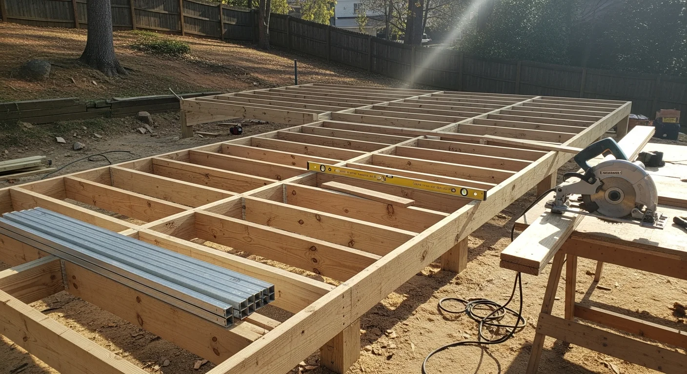 A newly constructed custom wood deck attached to the back of a Charlotte home, featuring built-in railings and steps leading to a grassy backyard. The deck structure shows clean framing lines and a natural finish suited to the home's exterior.