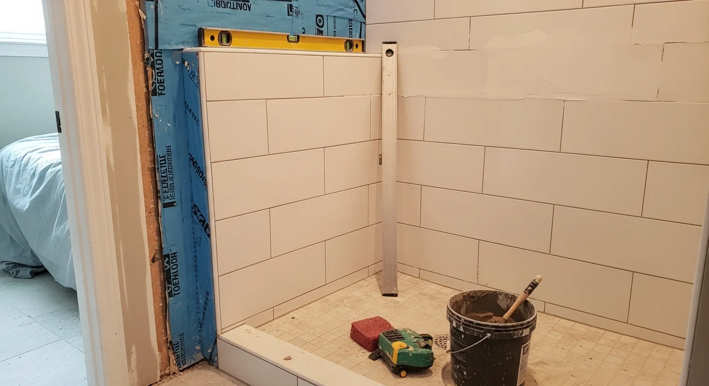 A newly installed walk-in shower in a Charlotte home bathroom, featuring a low-threshold entry, tiled walls, and a glass enclosure. The finished space shows clean grout lines and a modern showerhead fixture installed by Day & Co Homes.