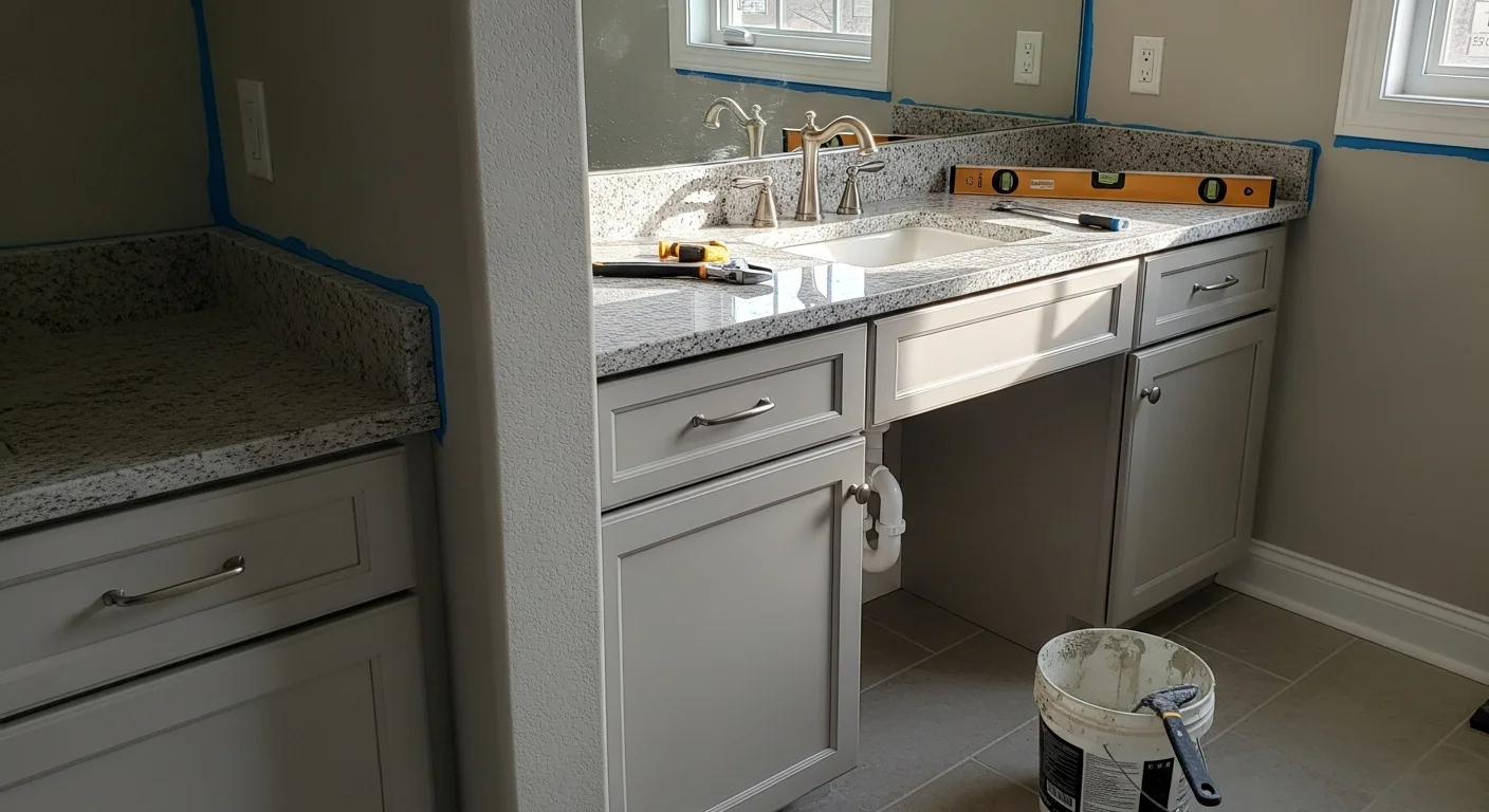 A newly installed bathroom vanity with a white cabinet base and integrated sink in a Charlotte home bathroom remodel by Day & Co Homes. The vanity is flush against a painted wall with finished plumbing connections visible beneath the cabinet.